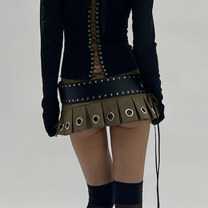 Lace Up Leather Pleated Mini Skirt with Big Belt