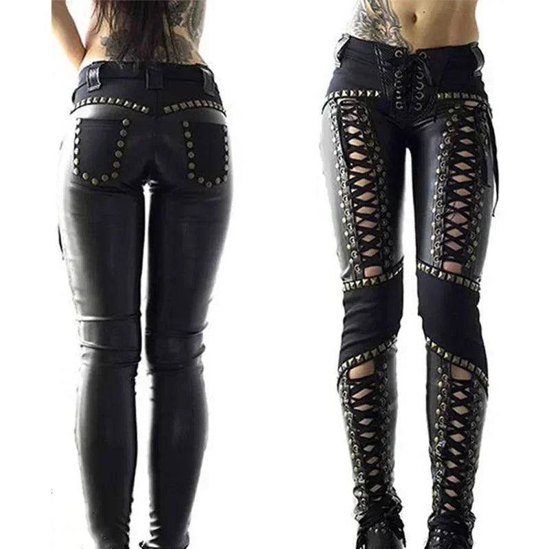 Hollowed Out Imitation Leather Bandage Leggings - Wicked Vixsin