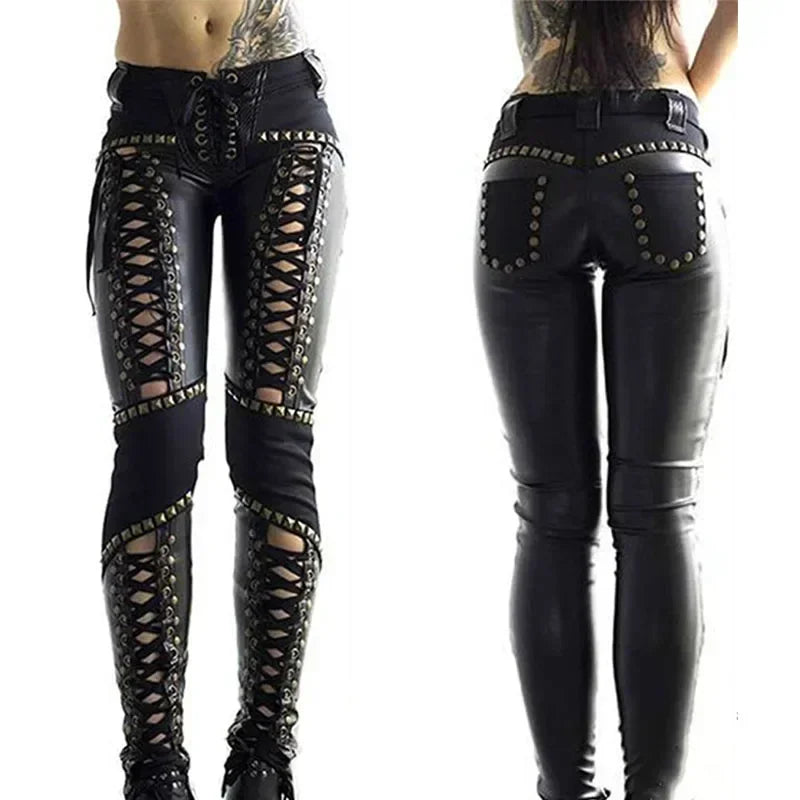 Hollowed Out Imitation Leather Bandage Leggings - Wicked Vixsin