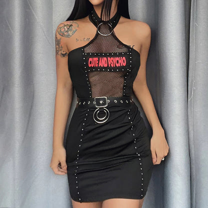 Dark Print Mesh Hollow Goth Dress