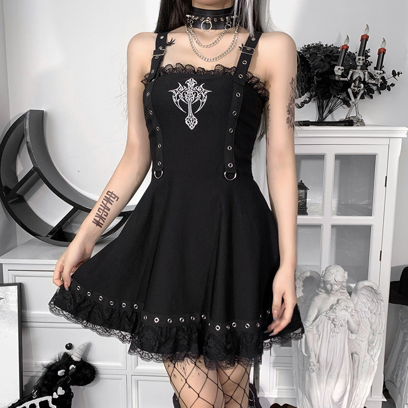 Dark Webbing A-line Lace Vest Dress