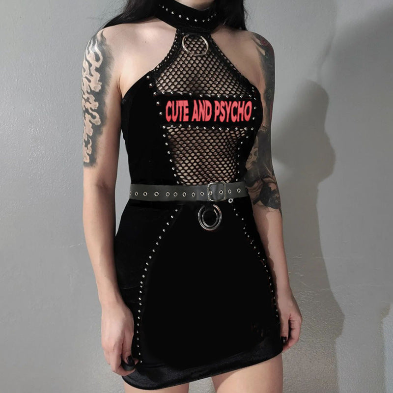 Dark Print Mesh Hollow Goth Dress